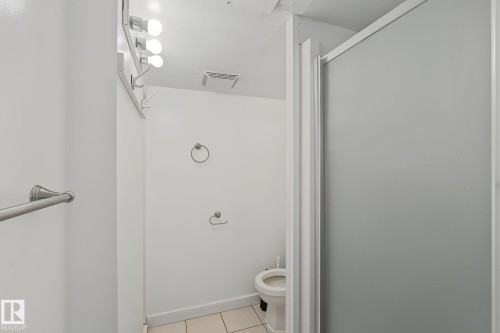 Bathroom featuring a frosted glass shower enclosure, a wall-mounted light fixture with three bulbs, and neutral-toned floor tiling - 11147 78 Avenue Nw, Edmonton, AB 