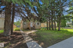 Exterior featuring a stucco facade, front entry porch with wooden steps, multiple mature evergreen trees, a concrete pathway, and a grassy front yard - 
