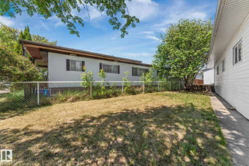 Expansive yard space with a chain-link fence, mature trees, and a concrete walkway alongside the property - 219 Lee Ridge Road, Edmonton, AB - Outdoor