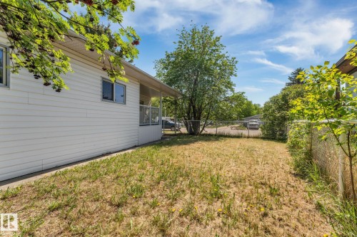 Side yard area featuring a chain link fence and various plantings - 219 Lee Ridge Road, Edmonton, AB - Outdoor With Exterior