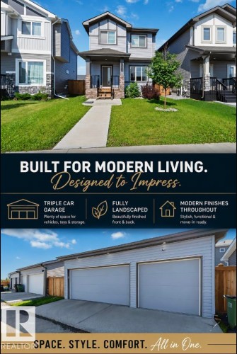 Promotional Material. Highlighting property features including garage capacity, landscape status, and interior finishes - 17924 61 Street Nw, Edmonton, AB - Outdoor With Deck Patio Veranda With Facade