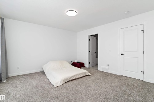 Spacious room featuring gray carpet, bright white walls, a flush-mount ceiling light, and white paneled doors with matte black hardware - 1439 Goodspeed Lane Nw, Edmonton, AB - Indoor Photo Showing Bedroom