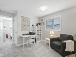 Carpeted room with a window featuring horizontal blinds, a white ceiling light fixture, and a built-in shelving unit - 