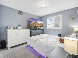 Carpeted room with a window, white window blinds, and light blue walls - 