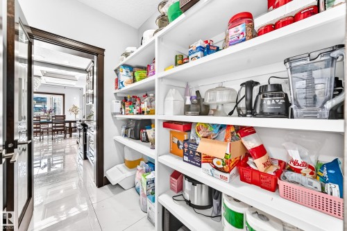 Spacious pantry with extensive built-in shelving, white finish, and a dark wood-framed glass door - 16244 138 Street Nw, Edmonton, AB - Indoor With Storage