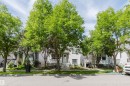 White-sided residential property featuring a prominent front entrance with a small porch, multiple windows with white frames, and a well-maintained front yard with mature trees - 1686 Tompkins Wynd Nw, Edmonton, AB  - Outdoor With Facade 