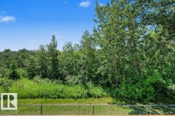 Deck with a chain-link fence overlooking a lush, wooded landscape and natural green space under a clear blue sky - 