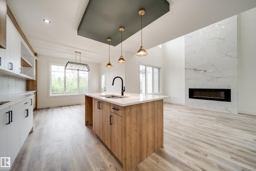 8740 183 Avenue Nw, Edmonton, AB - Indoor Photo Showing Kitchen With Fireplace With Double Sink With Upgraded Kitchen