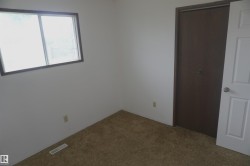 Room featuring a window with dark trim, light brown carpeting, white painted walls, and a dark wood-finish bi-fold closet door - 