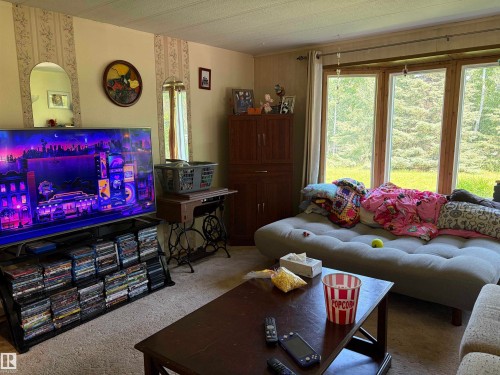 Carpeted living area featuring a large window array, beige wall finishes with decorative accents, and a built-in wooden cabinet - # 501  11131 Twp Rd 600, Rural St. Paul County, AB - Indoor Photo Showing Living Room