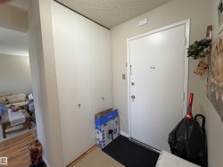 Entryway with a white solid core door and brass hardware - 