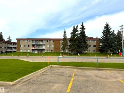 Multi-unit building featuring a brick and stucco facade, private balconies, and mature evergreen landscaping - 