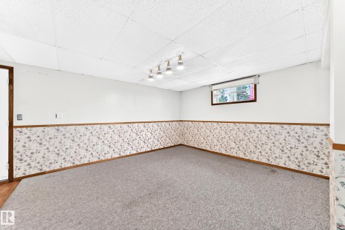 Carpeted room featuring a drop-tile ceiling with track lighting, a single window, and a white door with wood trim - 4208 Ramsay Road Nw, Edmonton, AB - Indoor Photo Showing Other Room