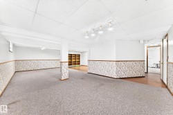 Spacious lower level offering carpeted and wood-finish flooring, drop ceiling with track lighting, built-in shelving, and multiple access points - 