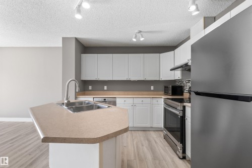 Kitchen with new stove, and updated dishwasher and fridge - 6837 159A Avenue Nw, Edmonton, AB - Indoor Photo Showing Kitchen With Double Sink