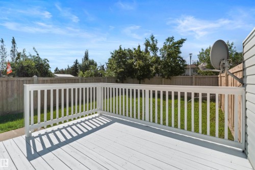 Freshly painted deck, with yard backing onto green belt and view of playground - 6837 159A Avenue Nw, Edmonton, AB - Outdoor With Deck Patio Veranda
