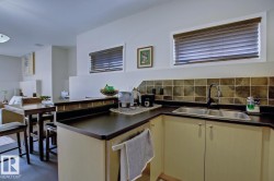 Kitchenette featuring a double basin stainless steel sink with a gooseneck faucet, light-toned cabinetry, dark countertops, and a tiled backsplash - 