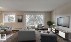 Open-concept living area with wood-finish flooring and a large sliding glass door opening to a balcony - 