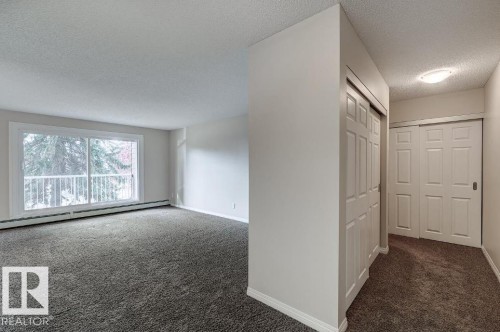 Carpeted living area featuring a large window with white trim, a white metal railing, and a baseboard radiator - 5425 144B Avenue Northwest, Edmonton, AB - Indoor Photo Showing Other Room