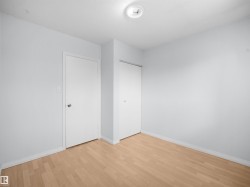 Bright interior room featuring wood-finish flooring, light-toned walls, a flush-mount ceiling light, and two white doors with contrasting hardware - 