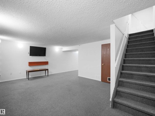 Spacious lower level featuring carpet flooring, white painted walls, and textured ceiling - 10446 55 Avenue Nw, Edmonton, AB - Indoor Photo Showing Other Room