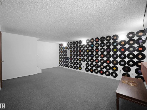 Spacious recreation room featuring a unique vinyl record wall, textured ceiling, and gray carpeting - 10446 55 Avenue Nw, Edmonton, AB - Indoor Photo Showing Other Room