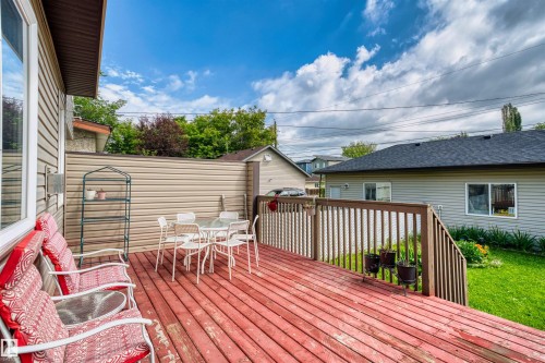 Expansive wood deck with a built-in railing system, offering direct access to the outdoor area - 11719 127 Street Nw, Edmonton, AB - Outdoor With Deck Patio Veranda With Exterior