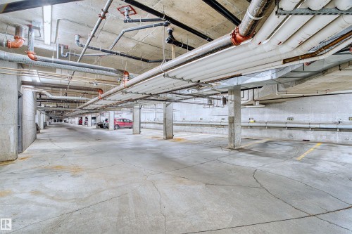 Underground parking facility featuring concrete flooring and structural columns - #317 3719 Whitelaw Ln Nw, Edmonton, AB - Indoor Photo Showing Garage