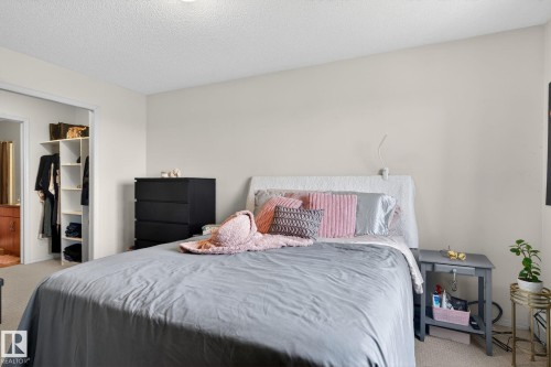 Carpeted room featuring a white textured headboard, built-in closet shelving, light neutral wall paint, and a ceiling light fixture - 423 2430 Guardian Road, Edmonton, AB - Indoor Photo Showing Bedroom