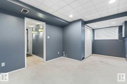 Finished lower level space with light-toned carpet flooring and a drop ceiling - 