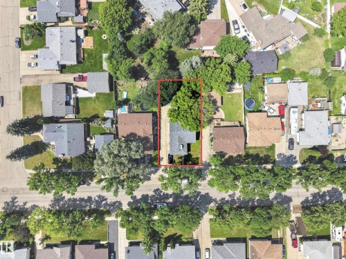 Single-family property with a gray shingled roof, featuring a paved driveway, mature trees providing canopy, and a green lawn - 8310 99 Avenue, Fort Saskatchewan, AB - Outdoor With View