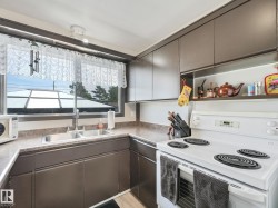 Kitchen featuring dark wood-finish cabinetry, a double basin stainless steel sink, and speckled laminate countertops - 