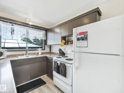 Kitchen featuring a double basin sink, dark cabinetry, and light wood-finish flooring - 