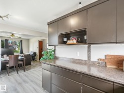 Contemporary kitchen cabinetry with solid surfaces, light wood-finish flooring, and an open concept layout - 