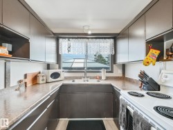 U-shaped kitchen featuring wood-finish cabinetry, a window with exterior scenery, a dual-basin sink, and a white electric range - 