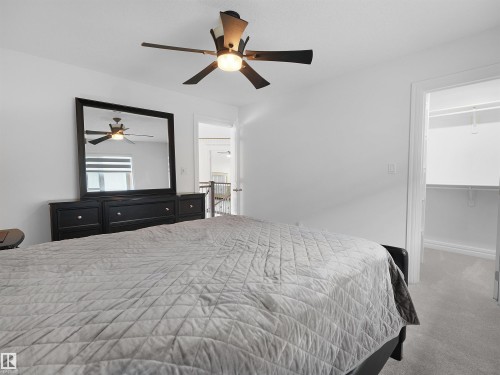 Bedroom featuring light gray carpeting, crisp white walls, a contemporary ceiling fan with integrated lighting, and an open doorway leading to a closet with built-in shelving - 3136 35 Avenue Nw, Edmonton, AB - Indoor Photo Showing Bedroom