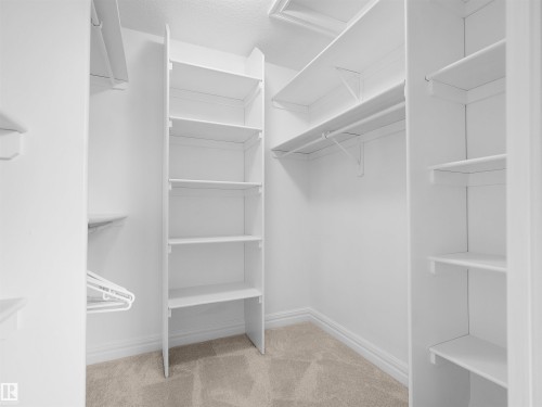 Walk-in closet featuring built-in shelving, white wall finishes, light-colored carpet, and base molding - 3136 35 Avenue Nw, Edmonton, AB - Indoor With Storage