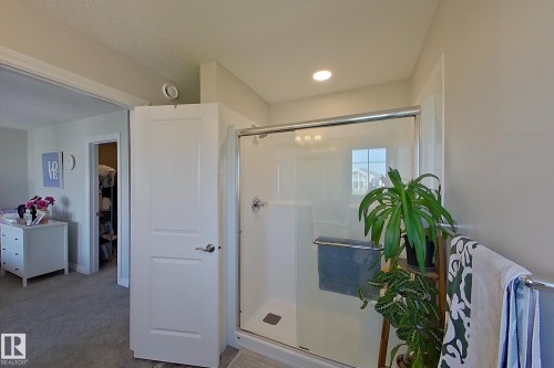 Shower enclosure with clear glass door, chrome hardware, and recessed ceiling lighting - 491 Ebbers Way, Edmonton, AB 