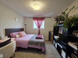Carpeted bedroom featuring a textured headboard, a window with natural light, and a ceiling-mounted light fixture - 