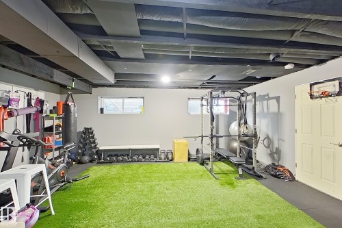 Recreation space featuring a green artificial turf floor, painted concrete walls, and two egress windows - 491 Ebbers Way, Edmonton, AB 