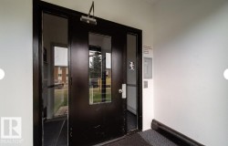 Black entry door with multiple glass inserts, framed by a dark trim and adjacent fixed side panels - 