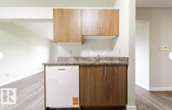 Compact kitchenette featuring wood-finish cabinetry, a stainless steel sink with a chrome faucet, and a dishwasher - 