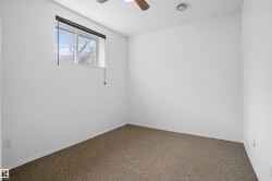 Room featuring neutral wall finishes, textured carpeting, a window with a roller blind, a ceiling fan, and baseboard molding - 