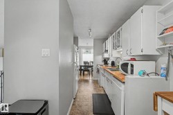 Galley kitchen featuring white cabinetry, light wood-finish countertops, and a full suite of appliances - 