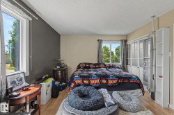 Room featuring wood-finish flooring, two windows with white trim, and a partial accent wall in a dark tone - 