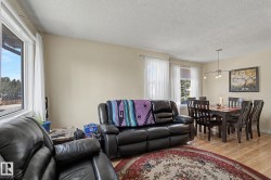 Open-concept living and dining area featuring light wood-finish flooring, neutral wall tones, multiple windows with white sheers, and a contemporary track light fixture over the dining table - 