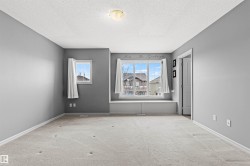 Spacious room featuring light gray walls, textured ceiling, and light-colored carpeting - 