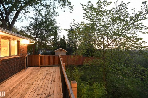 An evening view of the elevated deck, accessed from the dining area off the kitchen.  A stunning view, overlooking parkland as far as the eye can see - 4108 106B Avenue, Edmonton, AB - Outdoor