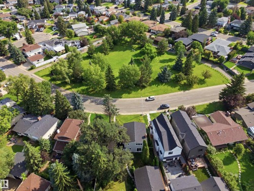 Aerial perspective showcasing a residential area with mature trees and green spaces - 14335 47 Avenue Nw, Edmonton, AB - Outdoor With View