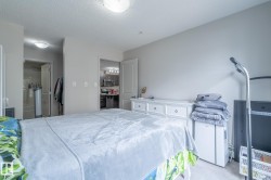 Bedroom featuring light gray walls, carpet flooring, a white dresser with dark hardware, and direct access to a bathroom and a kitchen space - 